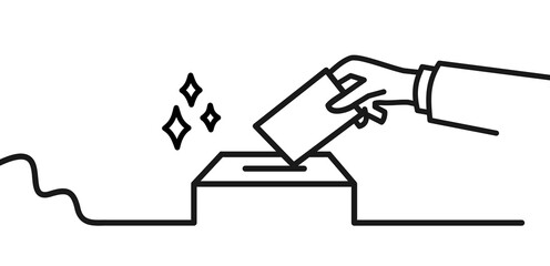 Presidential or General Election Illustration with Hand Put Vote Paper in to Ballot Box. Thick Line Style with Copy Space