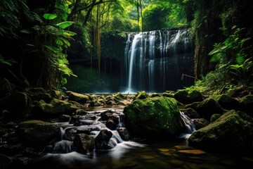 Beautiful waterfall in the deep forest of tropical rainforest, Thailand, Long exposure of a waterfall in the jungle, Khao Yai National Park, Thailand, AI Generated