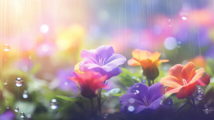 A vibrant display of garden flowers is bathed in a soft rain shower, with water droplets enhancing their colors.