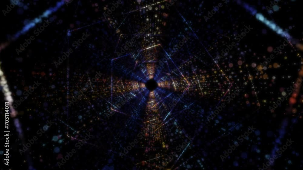 Poster abstract digital tunnel into virtual space consisting of a bright stream of particles