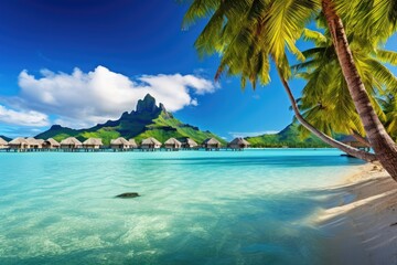 Tropical island with water bungalows and coconut palm trees, Luxury overwater villas with coconut palm trees, a blue lagoon, and a white sandy beach at Bora Bora island, Tahiti, AI Generated