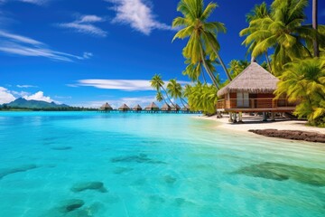 tropical beach in Maldives with few palm trees and blue lagoon, Luxury overwater villas with coconut palm trees, a blue lagoon, and a white sandy beach at Bora Bora island, Tahiti, AI Generated - obrazy, fototapety, plakaty