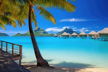 tropical beach at Maldives with few palm trees and blue lagoon, Luxury overwater villas with coconut palm trees, a blue lagoon, and a white sandy beach at Bora Bora island, Tahiti, AI Generated
