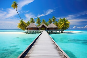 tropical beach in Maldives with few palm trees and blue lagoon, Maldives Islands Tropical, AI Generated