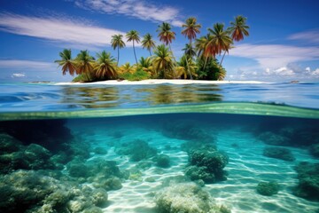 Split underwater photo of tropical island with palm trees and blue lagoon, Maldives Islands...