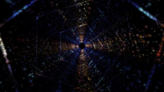 Abstract digital tunnel into virtual space consisting of a bright stream of particles
