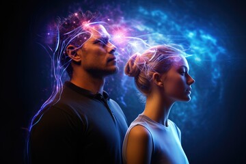 Image of man and woman looking at each other against fireworks exploding in night sky, Man and woman experiencing joint pain in their heads, conceptual image, hologram, AI Generated - Powered by Adobe