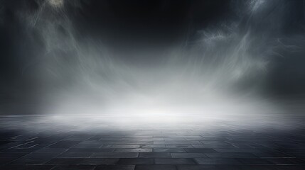 Dark gray background fog and light on floor. Mystical mist. smoke in dark room. Banner show product 