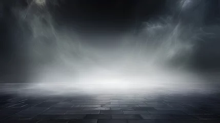 Fotobehang Dark gray background fog and light on floor. Mystical mist. smoke in dark room. Banner show product  © Ilmi