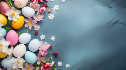 Colorful Easter eggs adorned with spring blossoms on a textured blue background, symbolizing springtime celebration.