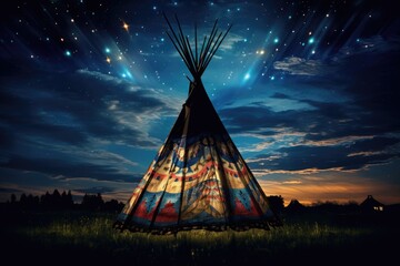 Indian teepee at night with starry sky. 3d rendering, Native American Indian teepee at night with a starry sky, AI Generated