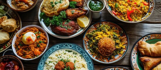 Fototapeta na wymiar Middle Eastern national traditional food includes Kabsa, hummus, maqluba, tabbouleh, rice, and meat dish, commonly served for Muslim family dinner during Ramadan called iftar, representing the