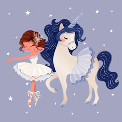 Cute little ballerina and unicorn vector illustration. Hand drawn illustration for kids artworks, prints, wallpapers. © StudioLondon