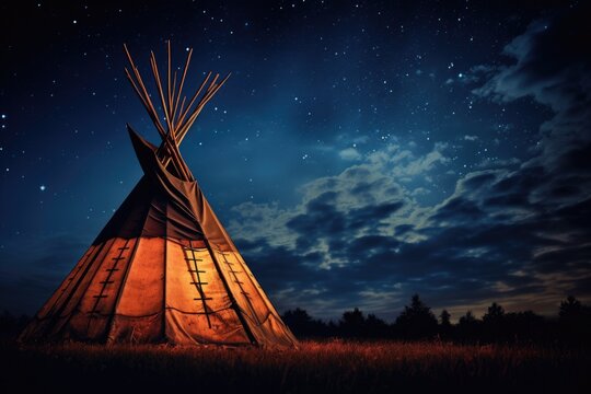 illustration of indian teepee with starry sky at night, Native American Indian teepee at night with a starry sky, AI Generated