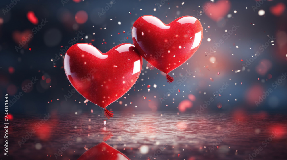 Poster red heart-shaped balloons floating with a reflection on water, creating a romantic and dreamy mood.