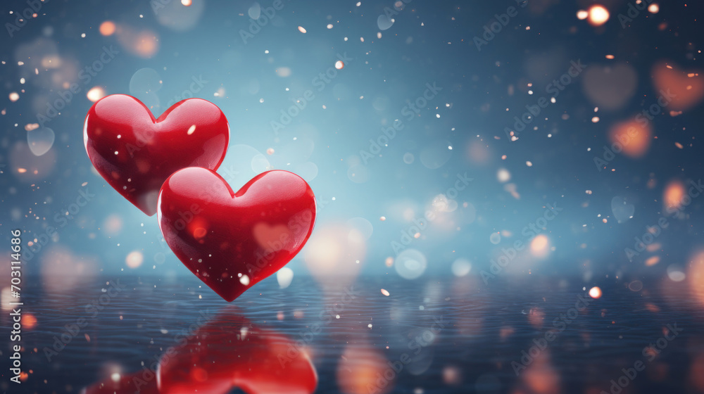 Poster red heart-shaped balloons floating with a reflection on water, creating a romantic and dreamy mood.