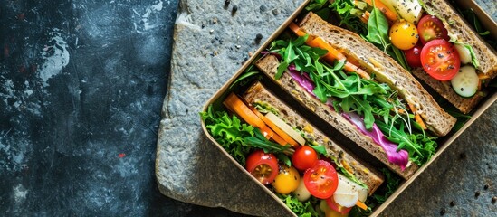 Top-down view of a stone table with a nutritious lunch box featuring a sandwich and vegetables. Ample room for text. - obrazy, fototapety, plakaty