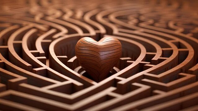 A heartshaped 3D maze, its intricate layout symbolizing the twists and turns of life that lead to the discovery of true love.