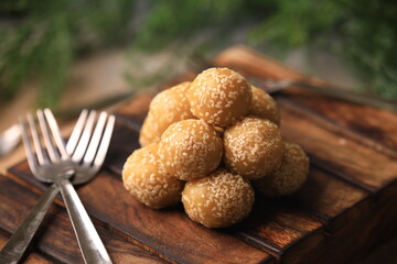 sesame balls Chinese famous food closeup with selective focus and blur