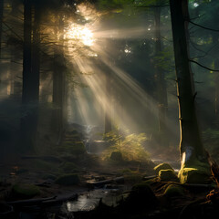 A mysterious forest with shafts of light breaking through.