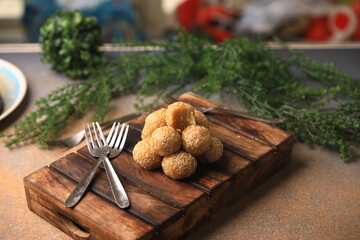 sesame balls Chinese famous food closeup with selective focus and blur