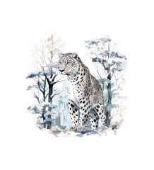 Tiger watercolor Winter Forest  Illustration ,Watercolor portrait of tiger. Winter snow and forest landscape