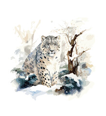 Tiger watercolor Winter Forest  Illustration ,Watercolor portrait of tiger. Winter snow and forest landscape
