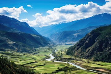 Fototapeta premium Aerial view of the valley in Himalayas, Nepal, Panorama top view of Paro Valley landscape, Bhutan, AI Generated
