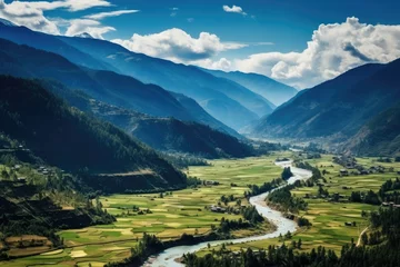 Fotobehang Terraced rice field in Yunnan, China. Yunnan is one of the most important cities in the world, Panorama top view of Paro Valley landscape, Bhutan, AI Generated © Ifti Digital