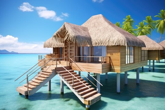 tropical house on the water 3d render concept for summer vacation, Overwater bungalows with steps into the green lagoon, AI Generated