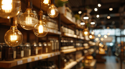 LED modern lights and bulbs on display in-store lighting department - obrazy, fototapety, plakaty