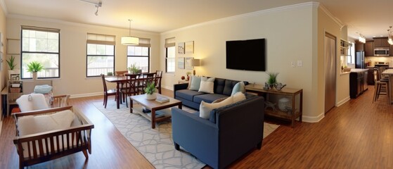 a living room with couches and a television set in the middle of the room on the right is a dining area