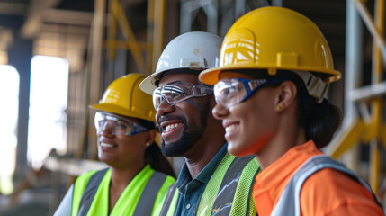 A group of multi-ethnic workers at a construction site wearing hard hats