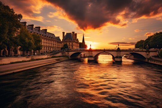 Beautiful sunset over the Seine river in Paris, France, Paris France with River Seine - amazing travel photography, AI Generated