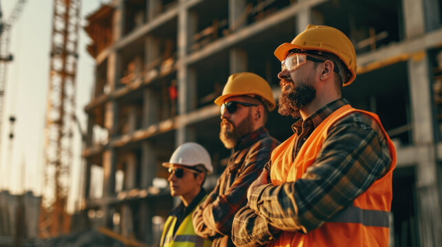 Close-up shot of employees working at a construction site.