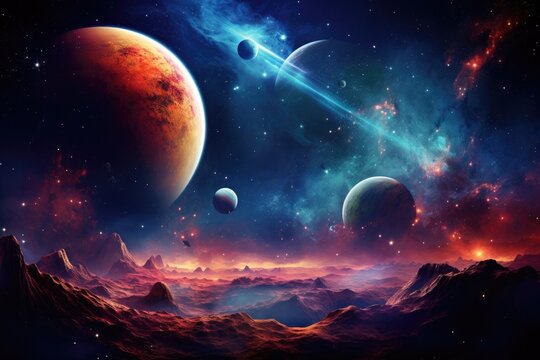 Fantasy space scene with planets and stars. Elements of this image furnished by NASA, Planets and a galaxy, a science fiction wallpaper, Beauty of deep space, AI Generated