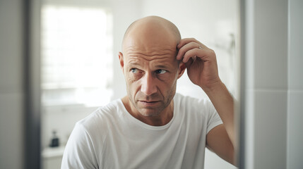 薄毛や脱毛に悩む中年男性 Middle aged man worries about hair loss - obrazy, fototapety, plakaty