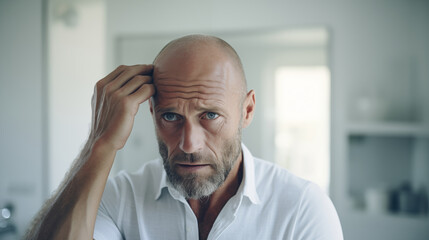 薄毛や脱毛に悩む中年男性 Middle aged man worries about hair loss