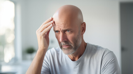 薄毛や脱毛に悩む中年男性 Middle aged man worries about hair loss - obrazy, fototapety, plakaty
