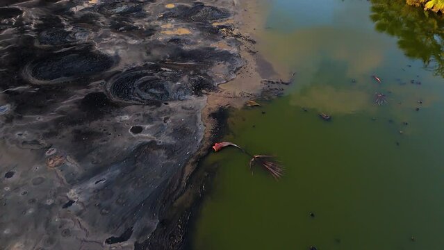 High angle looking down pan across polluted tar and black in green lake water reflecting clouds in sky