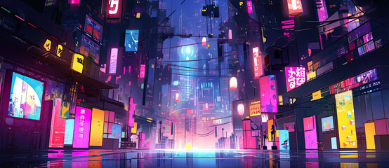 the night scene of street on an artificial neon modern city.