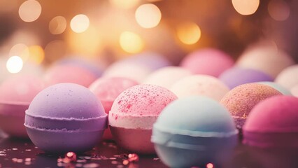 Closeup of a set of luxurious bath bombs, each one uniquely scented and designed to create a fizzy and fragrant bath experience.