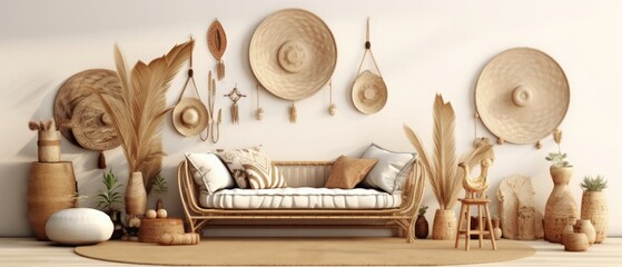 Boho interior style Wall mockup Wall art 3d rendering 3d illustration