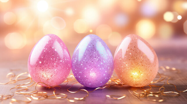 Glittering Easter eggs in pastel shades with delicate golden curlicues, warmly lit by a soft golden light creating a festive ambiance.