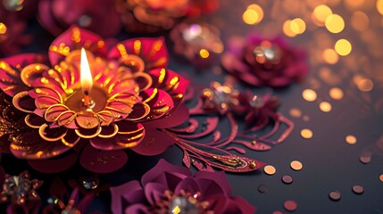 Diwali the festival of lights india with gold diya patterned and crystals on paper color Background