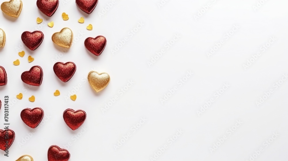 Wall mural red and yellow hearts with gold glitter on a white background with space for writing