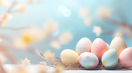 Colorful Easter eggs nestled among spring blossoms with soft-focus flowers and light creating a fresh, seasonal atmosphere.