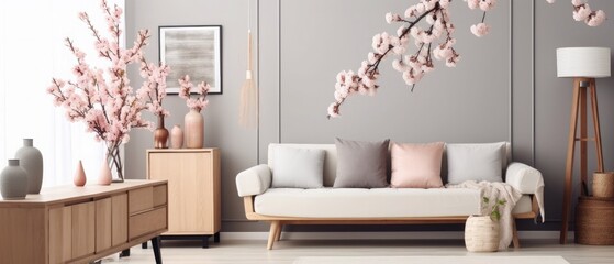 Design scandinavian home interior of living room with mock up poster map, stylish wooden commode, cube, sofa, flowers in vase and elegant personal accessories. Modern home staging. Template. Japandi.