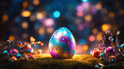 A single Easter egg, painted with vibrant cosmic colors, stands out against a backdrop of sparkling bokeh lights.