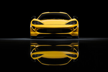 The futuristic yellow sports car on a dark background 